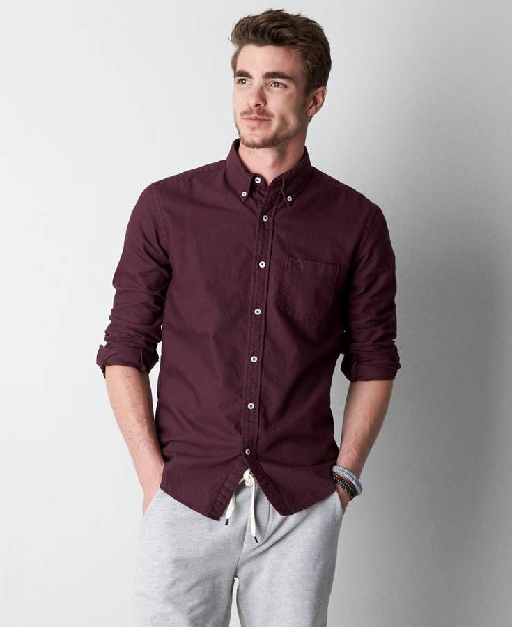 AEO Solid Oxford Button Down Shirt, Burgundy | American Eagle Outfitters |  Shirt outfit men, Fashion suits for men, Shirts